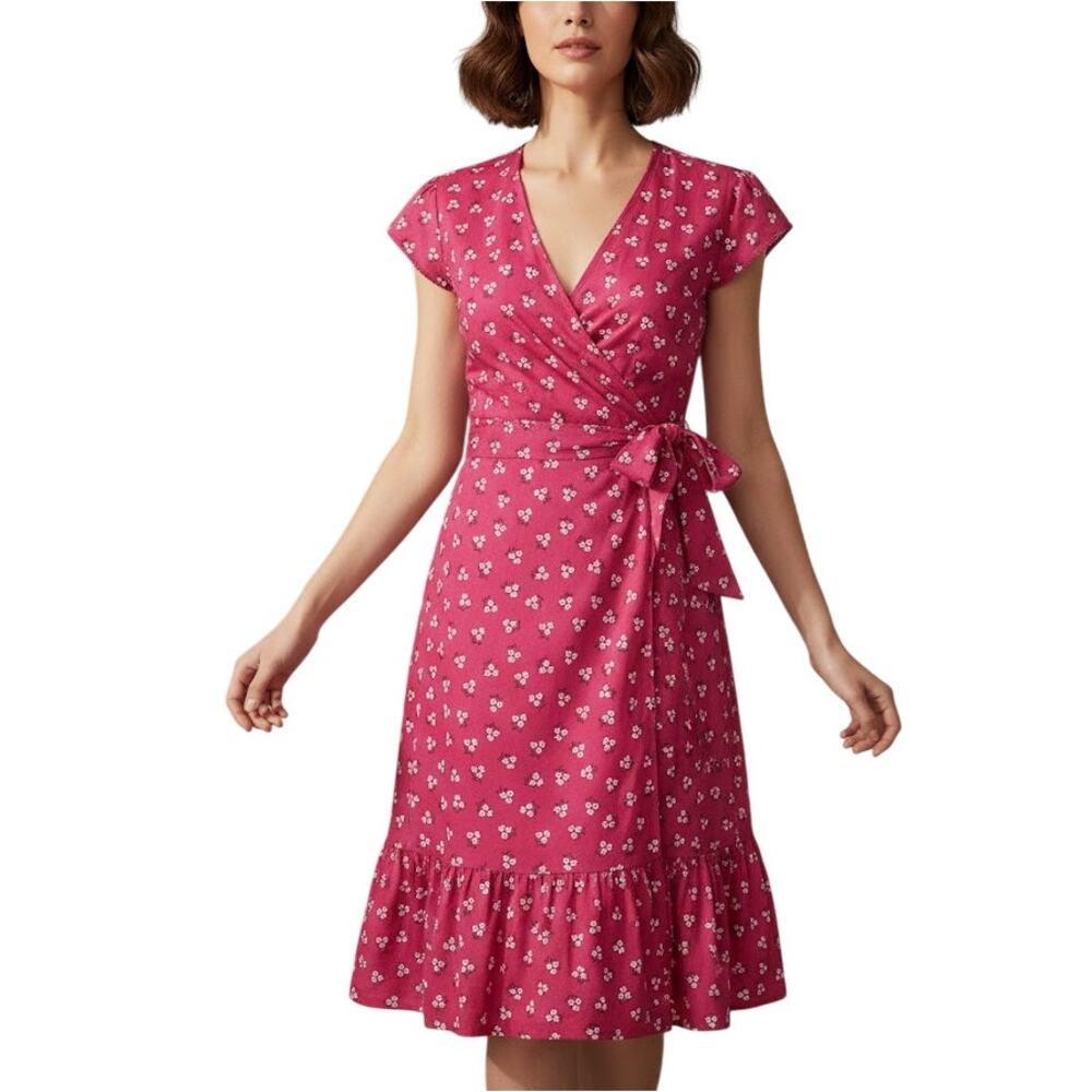 Draper James Red Floral Wrap Dress Tie Waist V-Neck Short Sleeve Size 0
